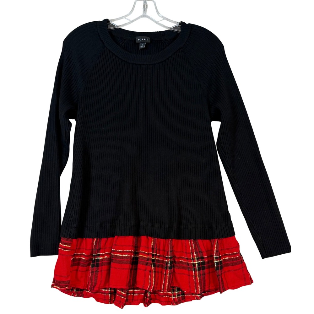 Torrid Womens Black Ribbed Knit Red Plaid Ruffle Hem Tartan Holiday Top Sz 1 XL